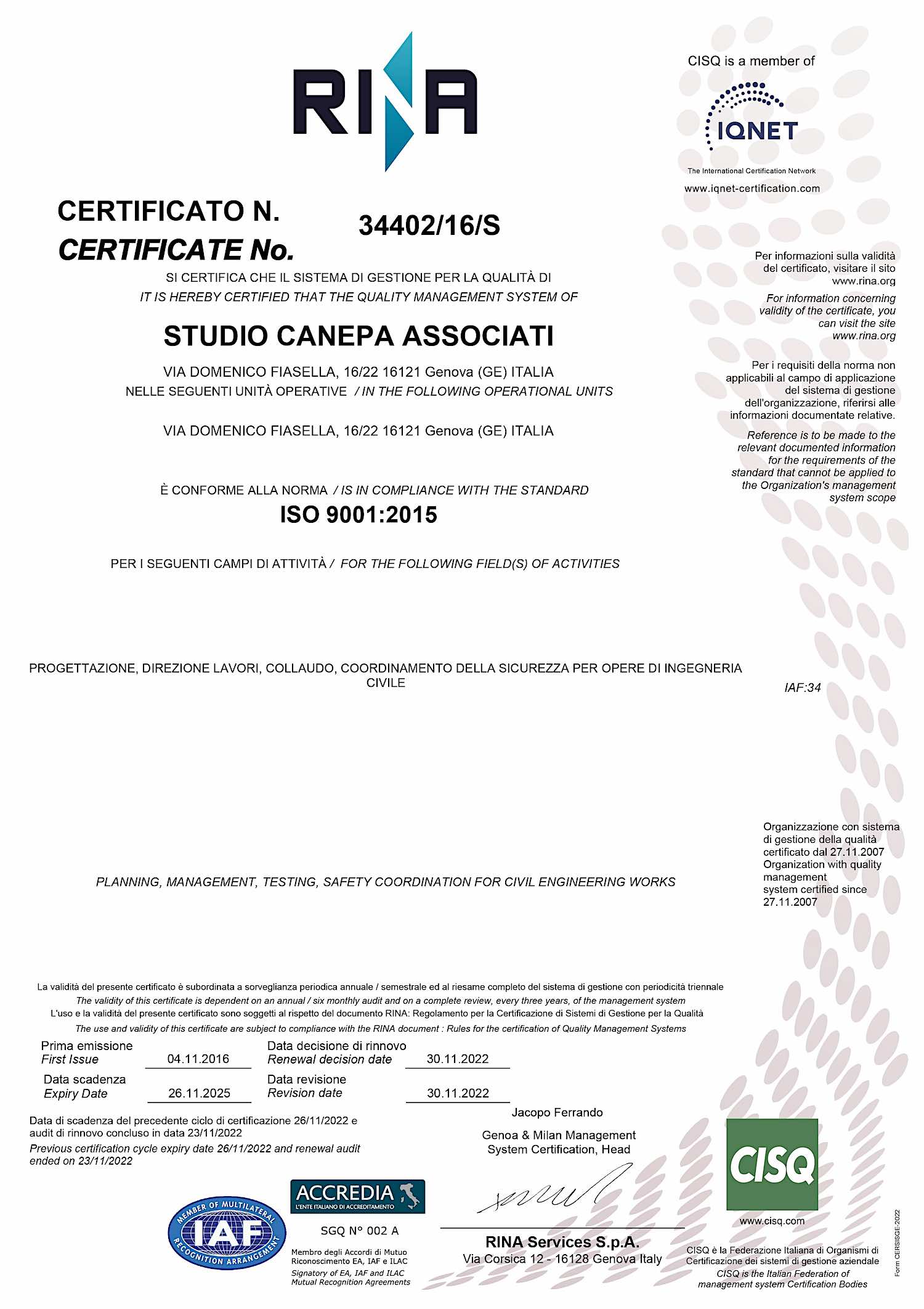 Certificazione ISO di qualità Studio Canepa